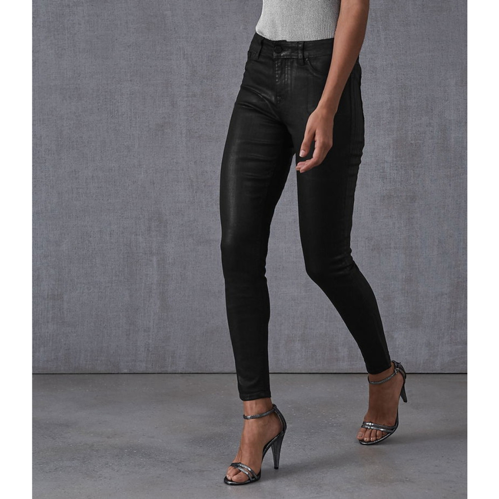 REISS Black Coated Skinny Jeans Size 29 | Faux Leather High Rise
